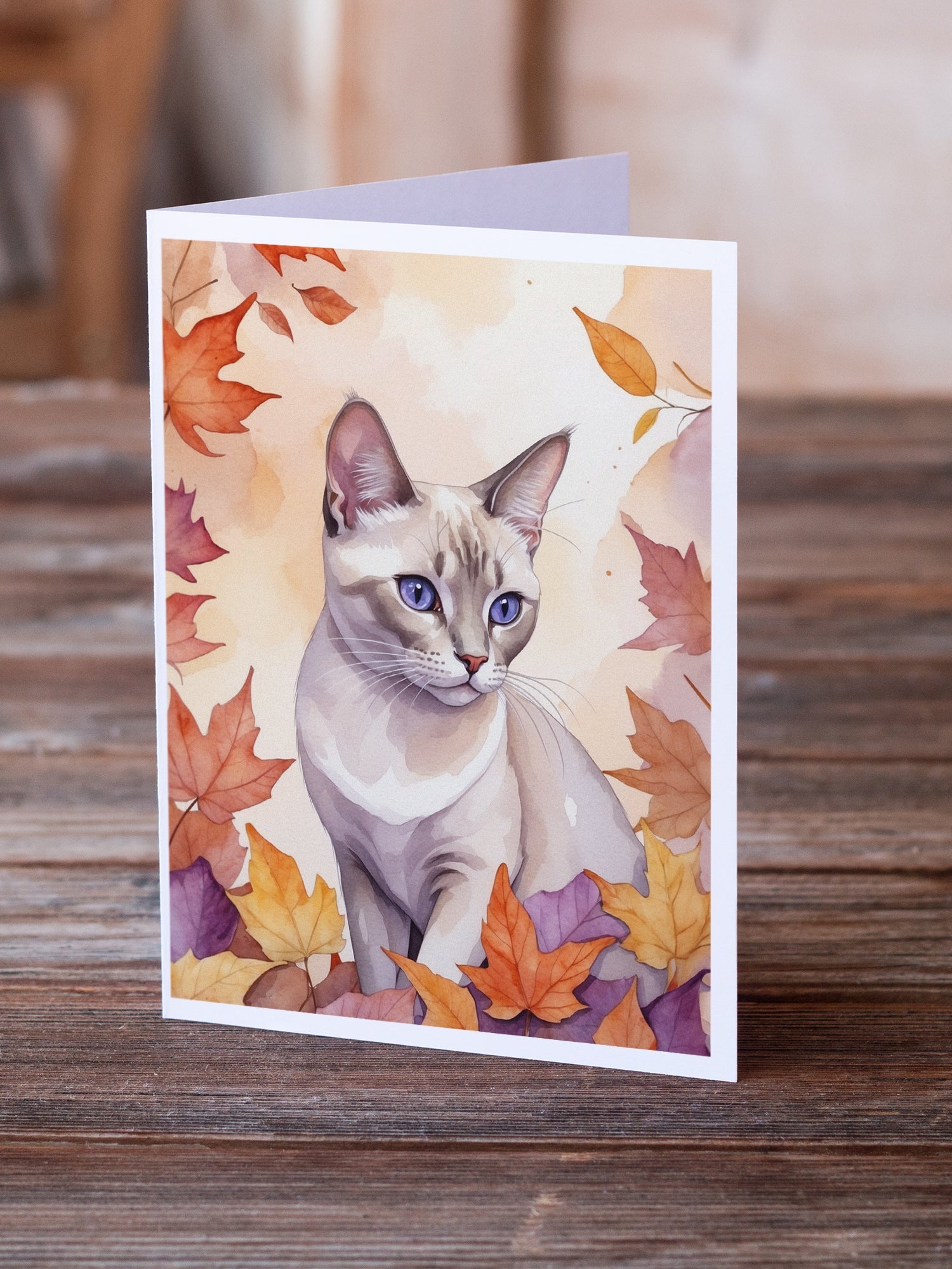 Thai Lilac Cat in Fall Leaves Greeting Cards Pack of 8 Blank Cards with Envelopes Whimsical A7 Size 5x7