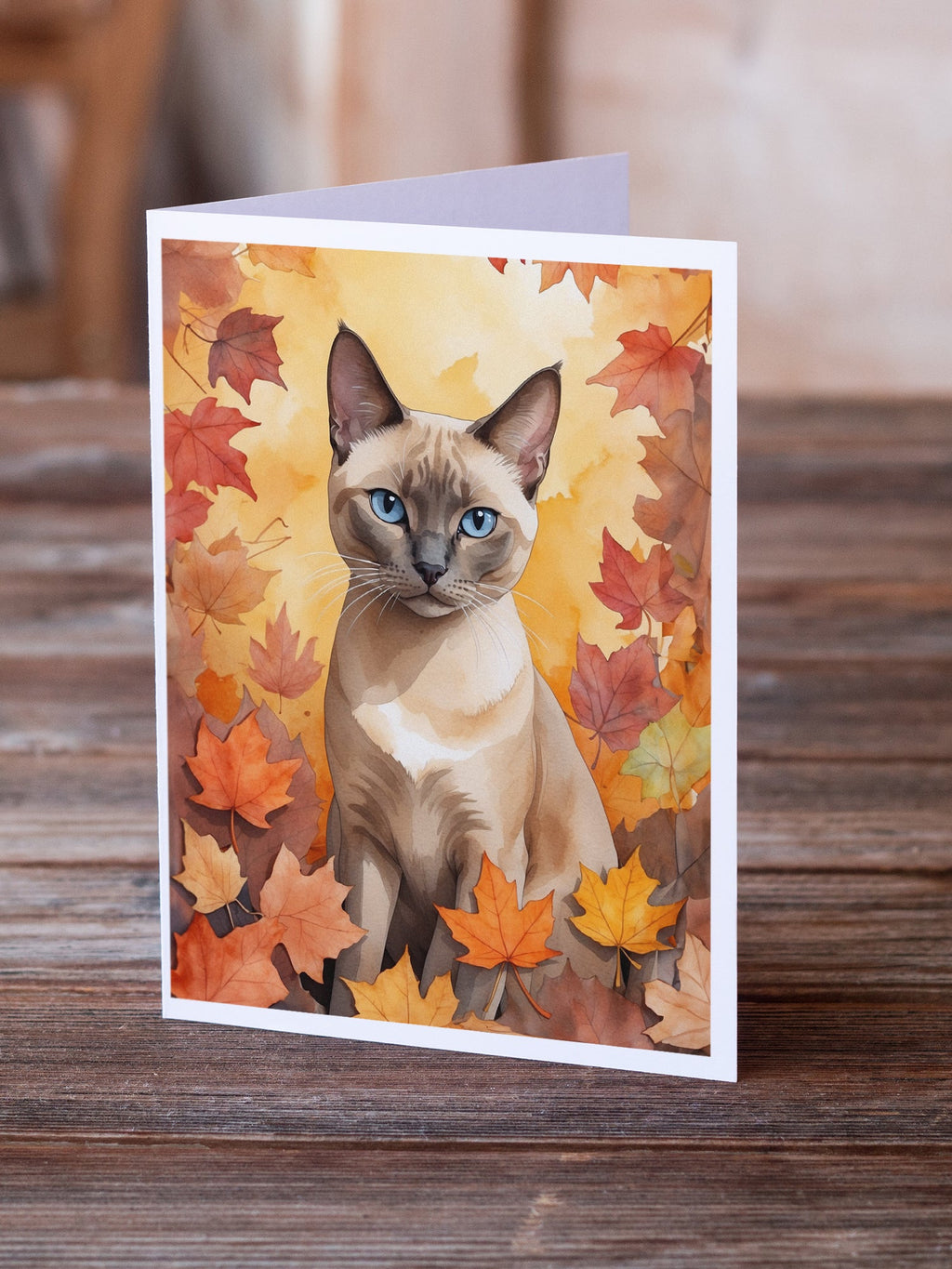 Tonkinese Cat in Fall Leaves Greeting Cards Pack of 8 Blank Cards with Envelopes Whimsical A7 Size 5x7