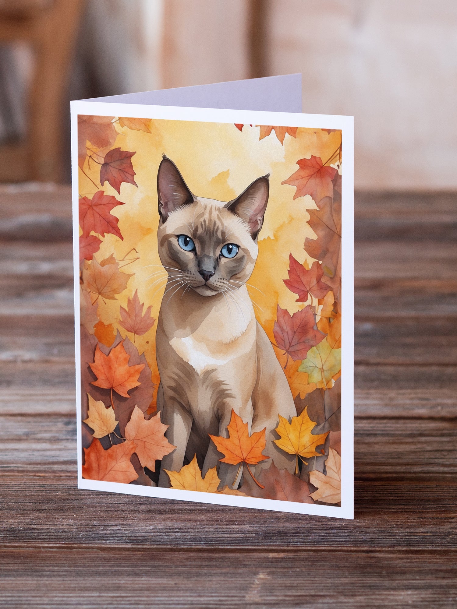Tonkinese Cat in Fall Leaves Greeting Cards Pack of 8 Blank Cards with Envelopes Whimsical A7 Size 5x7