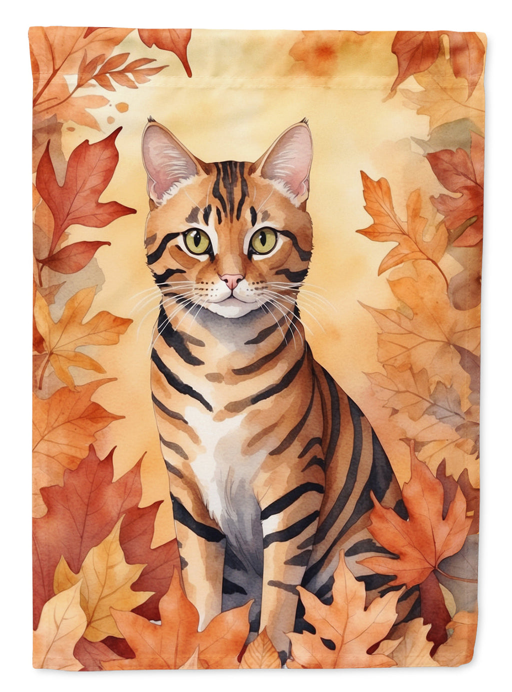 Toyger Cat in Fall Leaves House Flag 28x40 Porch Sleeve Pole Decorative Outside Yard Banner Artwork Wall Hanging, Polyester