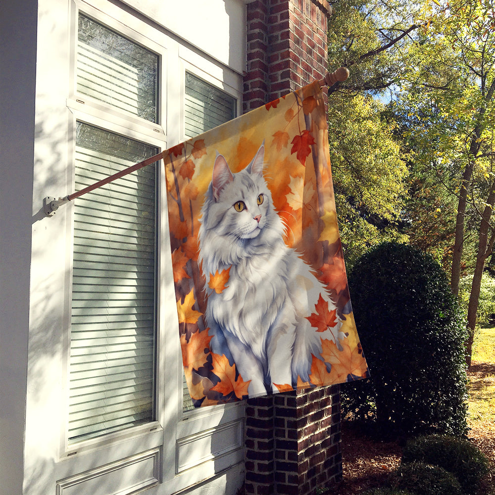 Turkish Angora Cat in Fall Leaves House Flag 28x40 Porch Sleeve Pole Decorative Outside Yard Banner Artwork Wall Hanging, Polyester