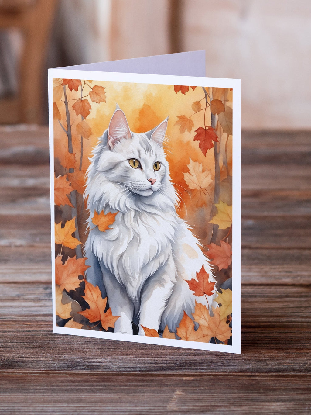 Turkish Angora Cat in Fall Leaves Greeting Cards Pack of 8 Blank Cards with Envelopes Whimsical A7 Size 5x7