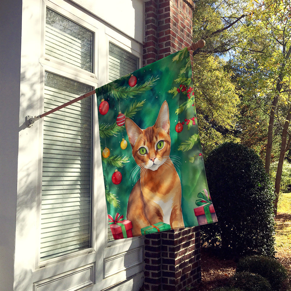 Abyssinian Cat By the Christmas Tree House Flag 28x40 Porch Sleeve Pole Decorative Outside Yard Banner Artwork Wall Hanging, Polyester