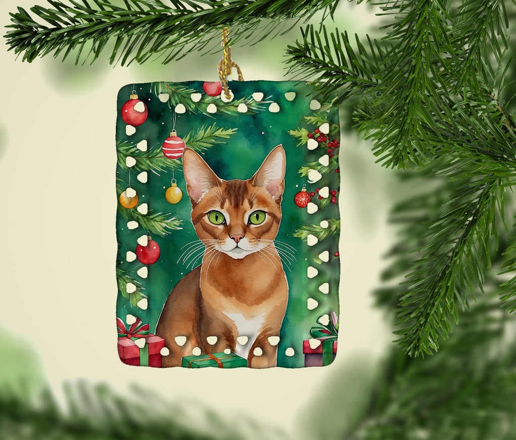 Abyssinian Cat By the Christmas Tree Porcelain Ornament Christmas Tree Hanging Decorations for Home Christmas Holiday, Rectangle, Gift, Multicolor