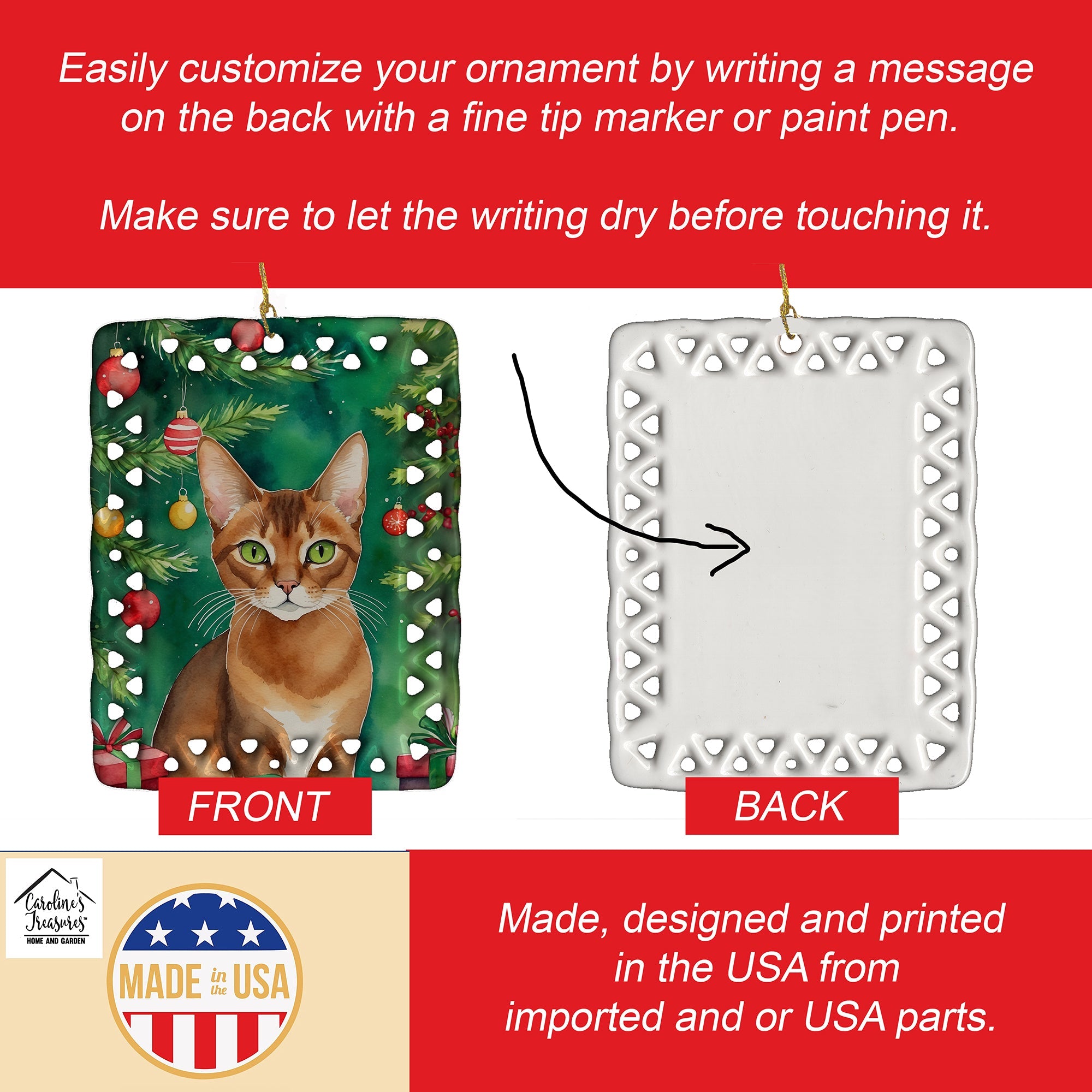 Abyssinian Cat By the Christmas Tree Porcelain Ornament Christmas Tree Hanging Decorations for Home Christmas Holiday, Rectangle, Gift, Multicolor