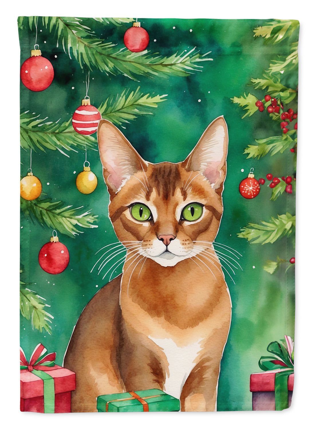 Abyssinian Cat By the Christmas Tree Garden Flag Mailbox Decorative Yard Banner Outside Patio Artwork for Flower Beds, Garden Size, Multicolor