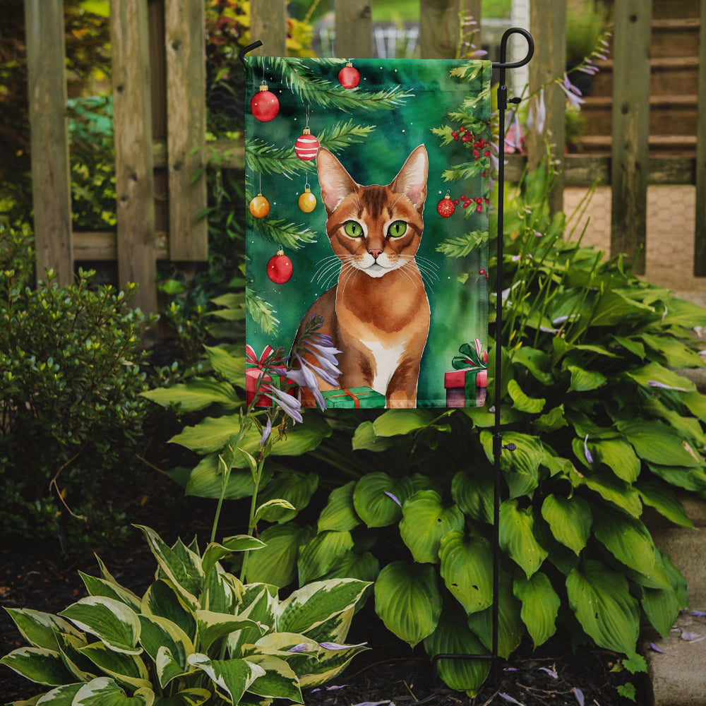 Abyssinian Cat By the Christmas Tree Garden Flag Mailbox Decorative Yard Banner Outside Patio Artwork for Flower Beds, Garden Size, Multicolor