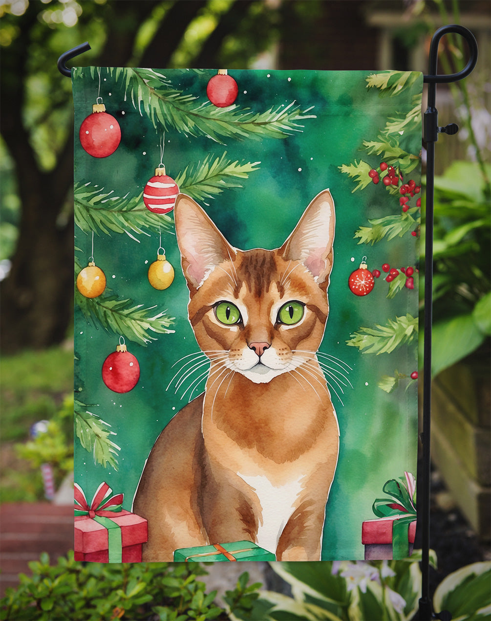 Abyssinian Cat By the Christmas Tree Garden Flag Mailbox Decorative Yard Banner Outside Patio Artwork for Flower Beds, Garden Size, Multicolor