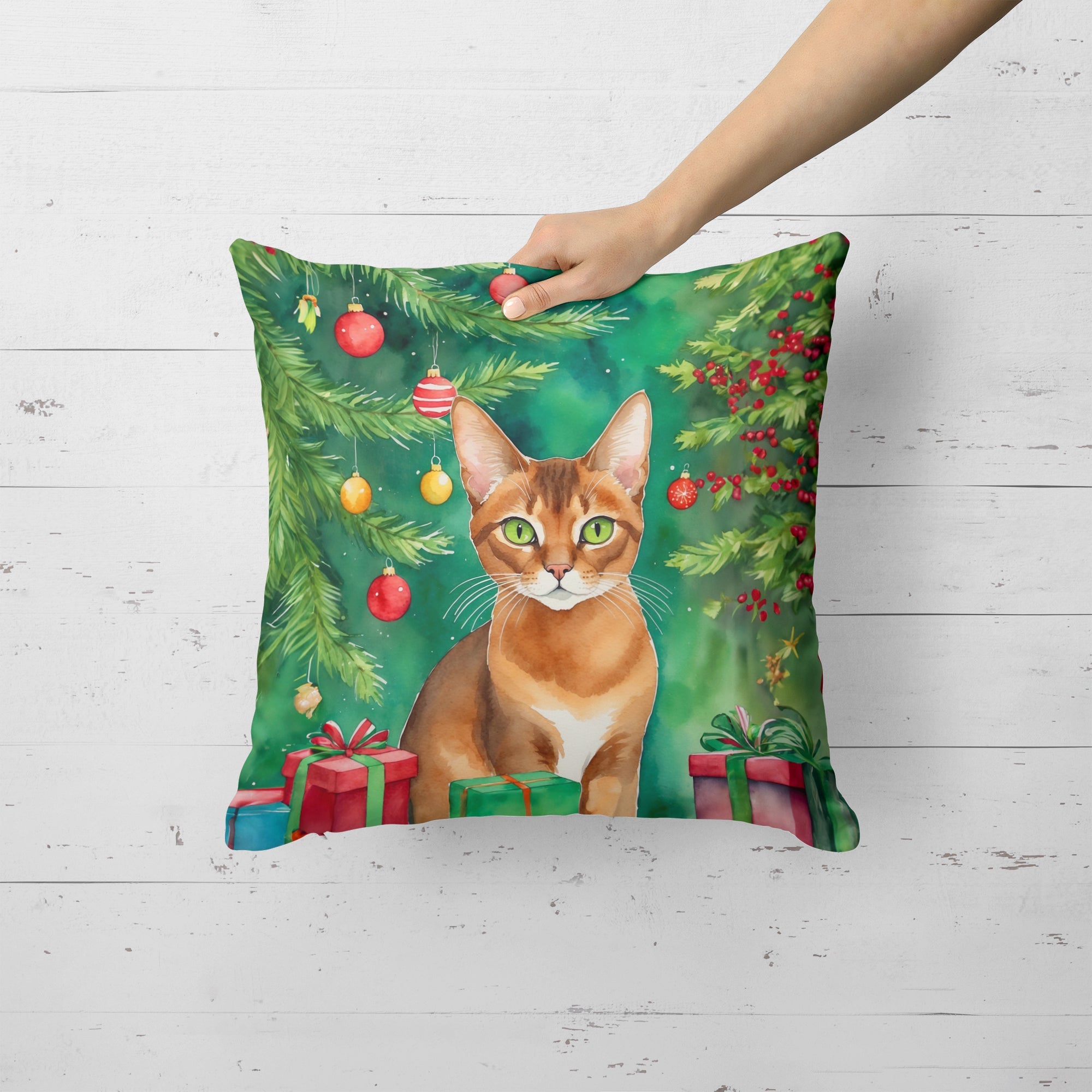 Abyssinian Cat By the Christmas Tree Decorative Throw Pillow 18x18 Indoor Outdoor Accent Cushion, Fabric Cover with Insert for Sofa, Bed, Porch & Living Room