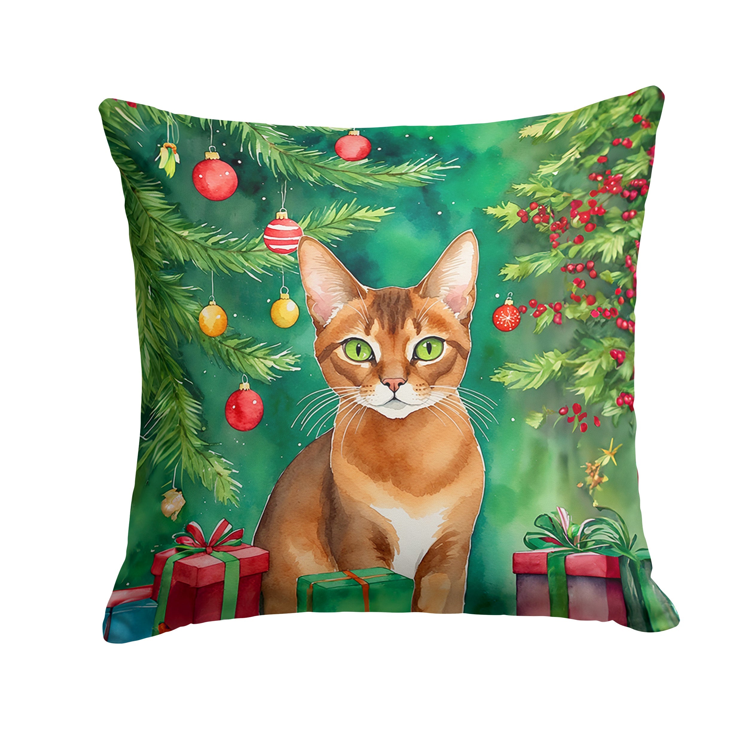 Abyssinian Cat By the Christmas Tree Decorative Throw Pillow 18x18 Indoor Outdoor Accent Cushion, Fabric Cover with Insert for Sofa, Bed, Porch & Living Room