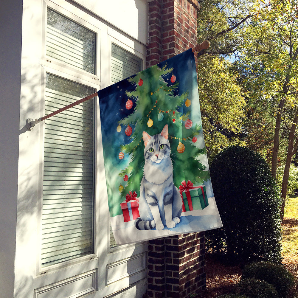 Aegean Cat By the Christmas Tree House Flag 28x40 Porch Sleeve Pole Decorative Outside Yard Banner Artwork Wall Hanging, Polyester