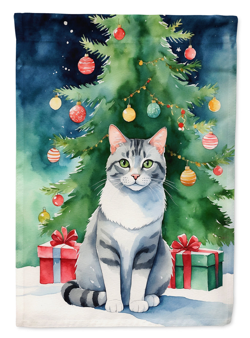 Aegean Cat By the Christmas Tree Garden Flag Mailbox Decorative Yard Banner Outside Patio Artwork for Flower Beds, Garden Size, Multicolor