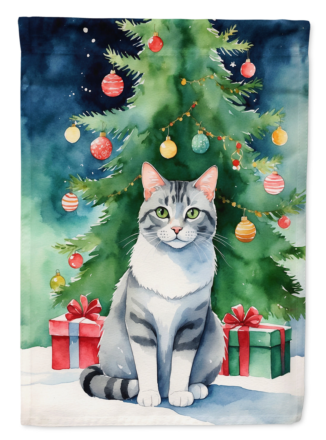 Aegean Cat By the Christmas Tree Garden Flag Mailbox Decorative Yard Banner Outside Patio Artwork for Flower Beds, Garden Size, Multicolor