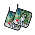 Aegean Cat By the Christmas Tree Pot Holder Set of 2 Heat Resistant Quilted Hot Pads 7.5 x 7.5 Inch, Insulated Kitchen Trivets for Cooking & Baking