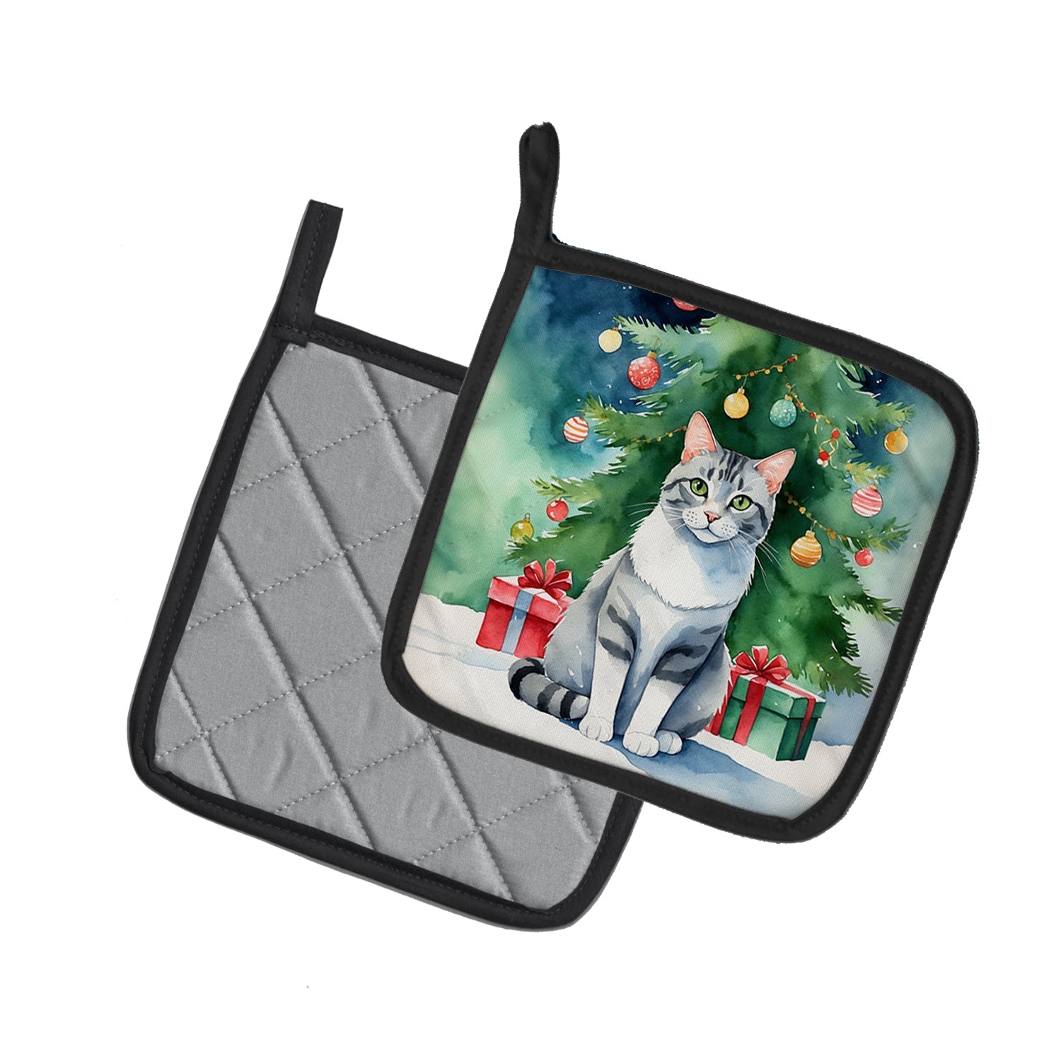 Aegean Cat By the Christmas Tree Pot Holder Set of 2 Heat Resistant Quilted Hot Pads 7.5 x 7.5 Inch, Insulated Kitchen Trivets for Cooking & Baking