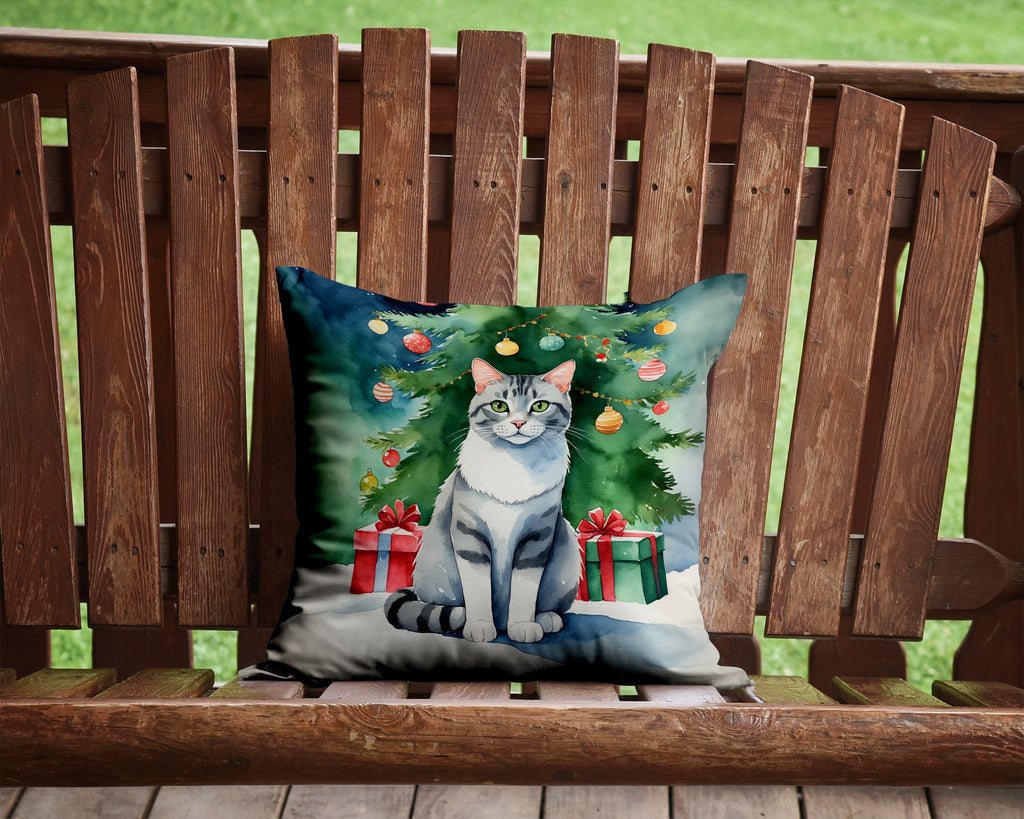 Aegean Cat By the Christmas Tree Decorative Throw Pillow 14x14 Indoor Outdoor Accent Cushion, Fabric Cover with Insert for Sofa, Bed, Porch & Living Room