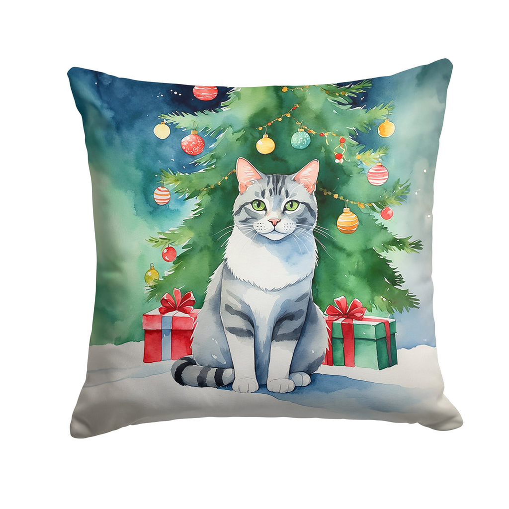 Aegean Cat By the Christmas Tree Decorative Throw Pillow 14x14 Indoor Outdoor Accent Cushion, Fabric Cover with Insert for Sofa, Bed, Porch & Living Room