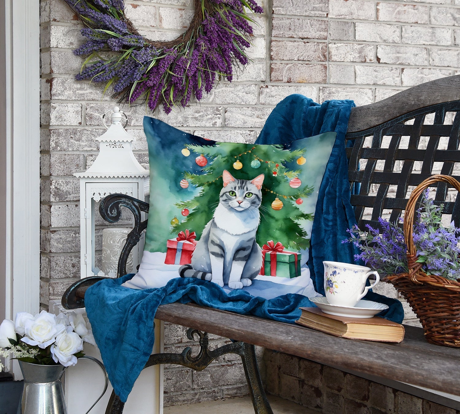 Aegean Cat By the Christmas Tree Decorative Throw Pillow 18x18 Indoor Outdoor Accent Cushion, Fabric Cover with Insert for Sofa, Bed, Porch & Living Room