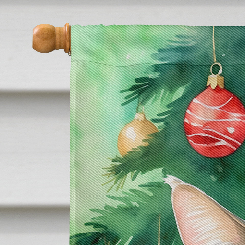 American Bobtail Cat By the Christmas Tree House Flag 28x40 Porch Sleeve Pole Decorative Outside Yard Banner Artwork Wall Hanging, Polyester