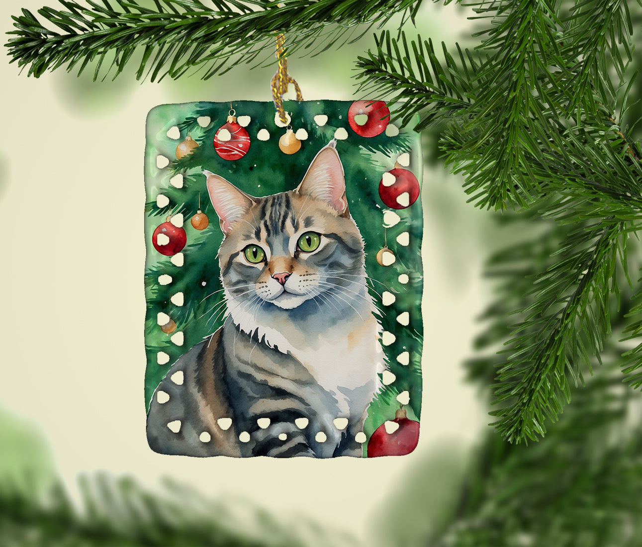 American Bobtail Cat By the Christmas Tree Porcelain Ornament Christmas Tree Hanging Decorations for Home Christmas Holiday, Rectangle, Gift, Multicolor