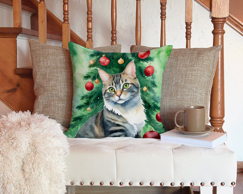 American Bobtail Cat By the Christmas Tree Decorative Throw Pillow 14x14 Indoor Outdoor Accent Cushion, Fabric Cover with Insert for Sofa, Bed, Porch & Living Room