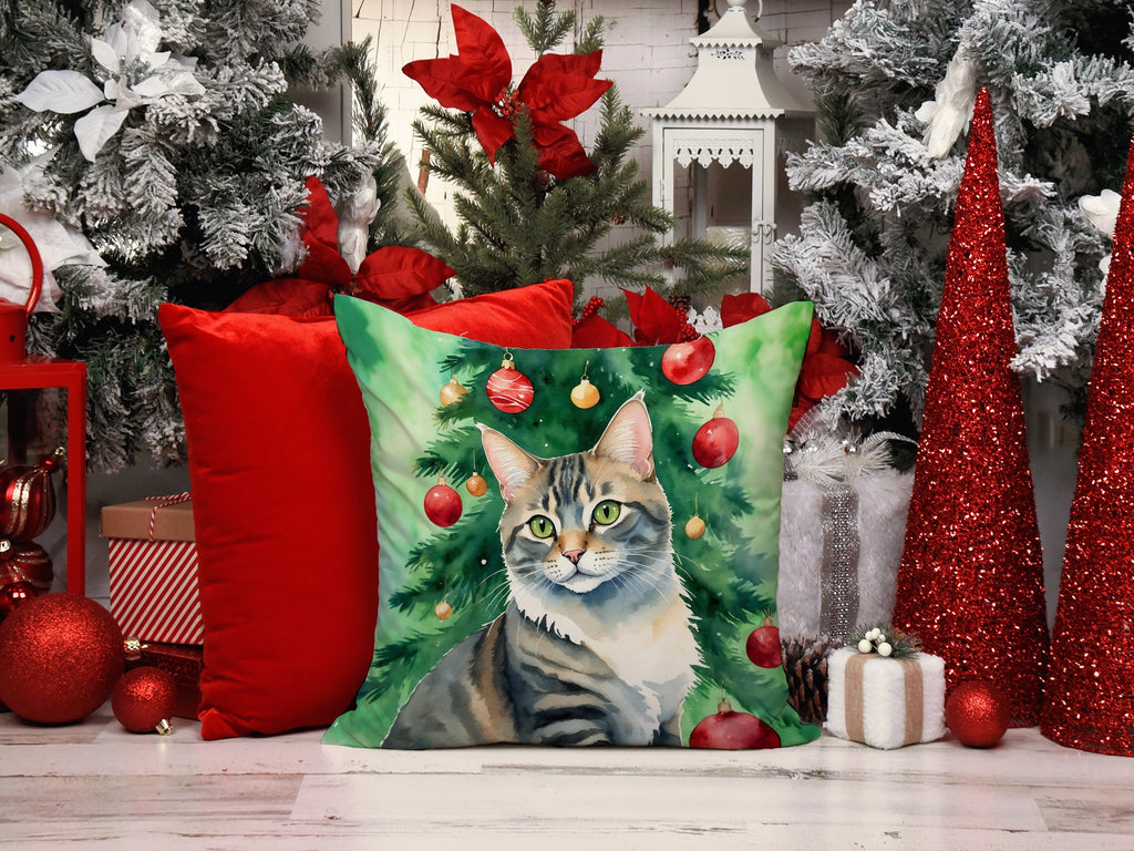 American Bobtail Cat By the Christmas Tree Decorative Throw Pillow 18x18 Indoor Outdoor Accent Cushion, Fabric Cover with Insert for Sofa, Bed, Porch & Living Room