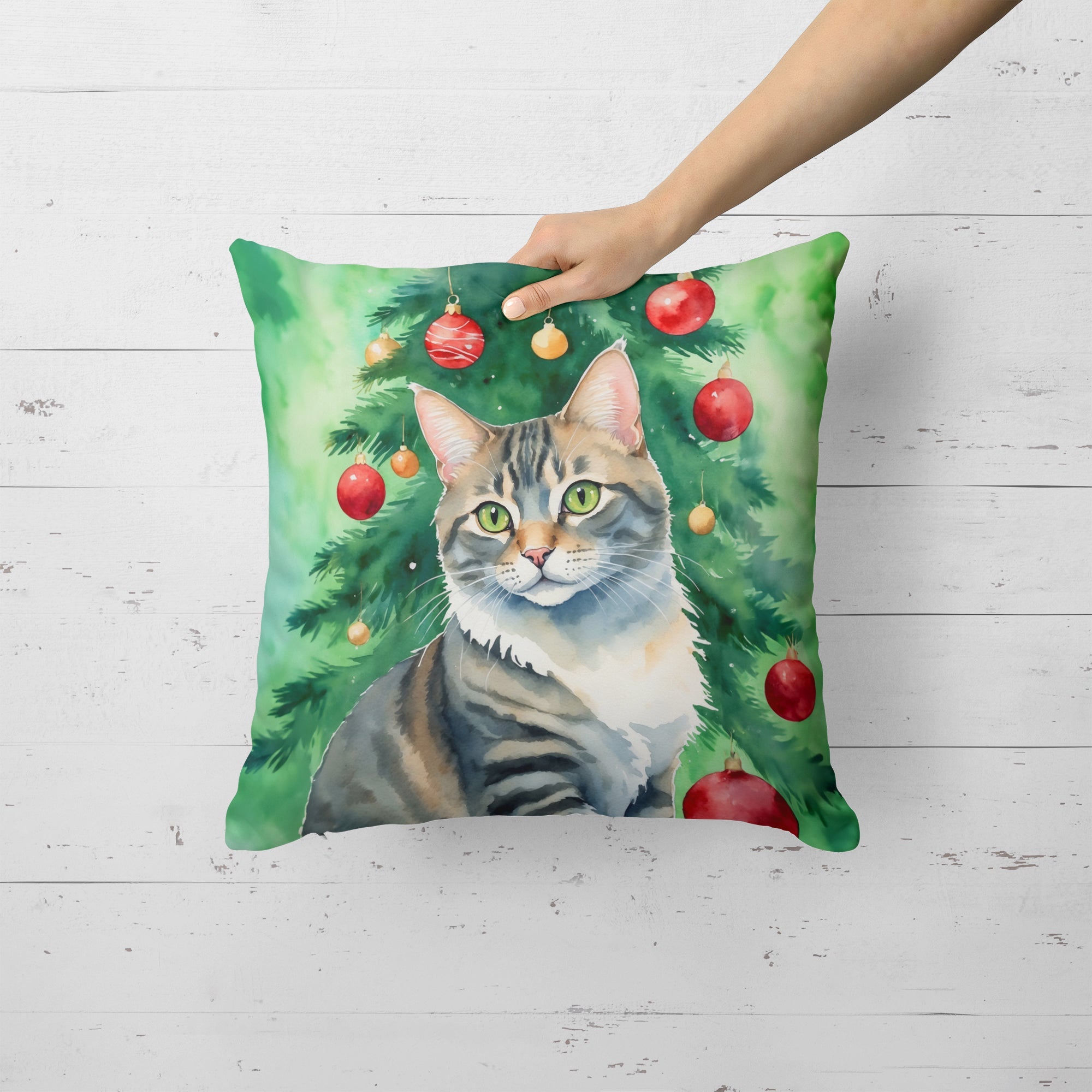 American Bobtail Cat By the Christmas Tree Decorative Throw Pillow 18x18 Indoor Outdoor Accent Cushion, Fabric Cover with Insert for Sofa, Bed, Porch & Living Room