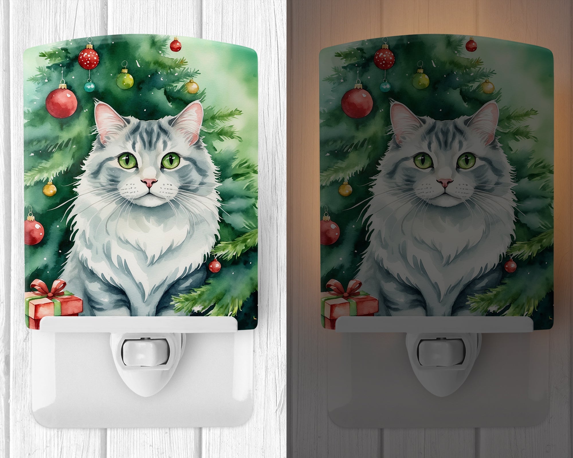 American Curl Cat By the Christmas Tree Ceramic Night Light Compact, UL-Certified, Ideal for Bedroom, Bathroom, Nursery, Hallway, Kitchen, 6x4x3, Multicolor