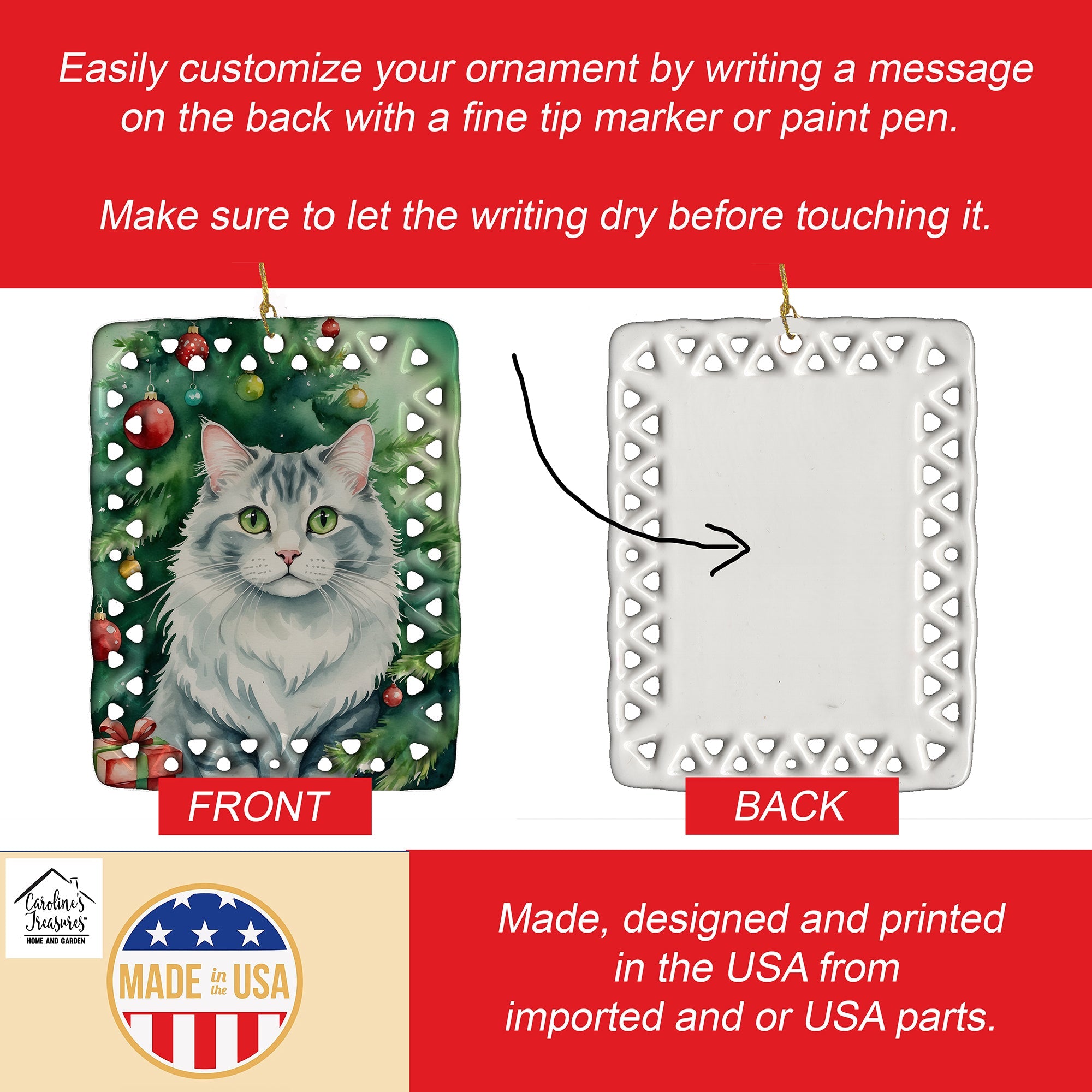 American Curl Cat By the Christmas Tree Porcelain Ornament Christmas Tree Hanging Decorations for Home Christmas Holiday, Rectangle, Gift, Multicolor