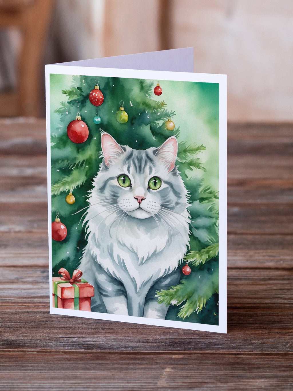 American Curl Cat By the Christmas Tree Greeting Cards Pack of 8 Blank Cards with Envelopes Whimsical A7 Size 5x7
