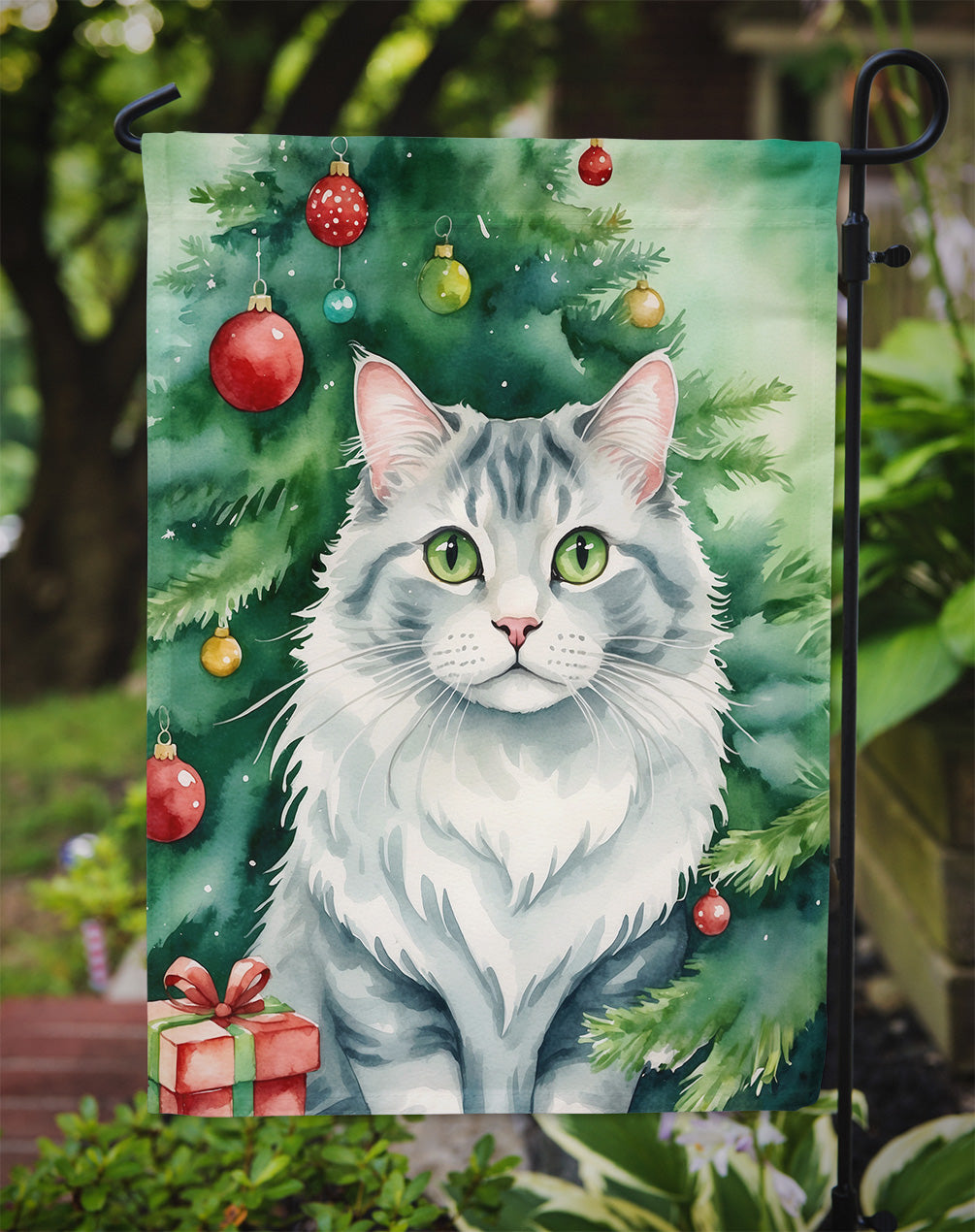 American Curl Cat By the Christmas Tree Garden Flag Mailbox Decorative Yard Banner Outside Patio Artwork for Flower Beds, Garden Size, Multicolor