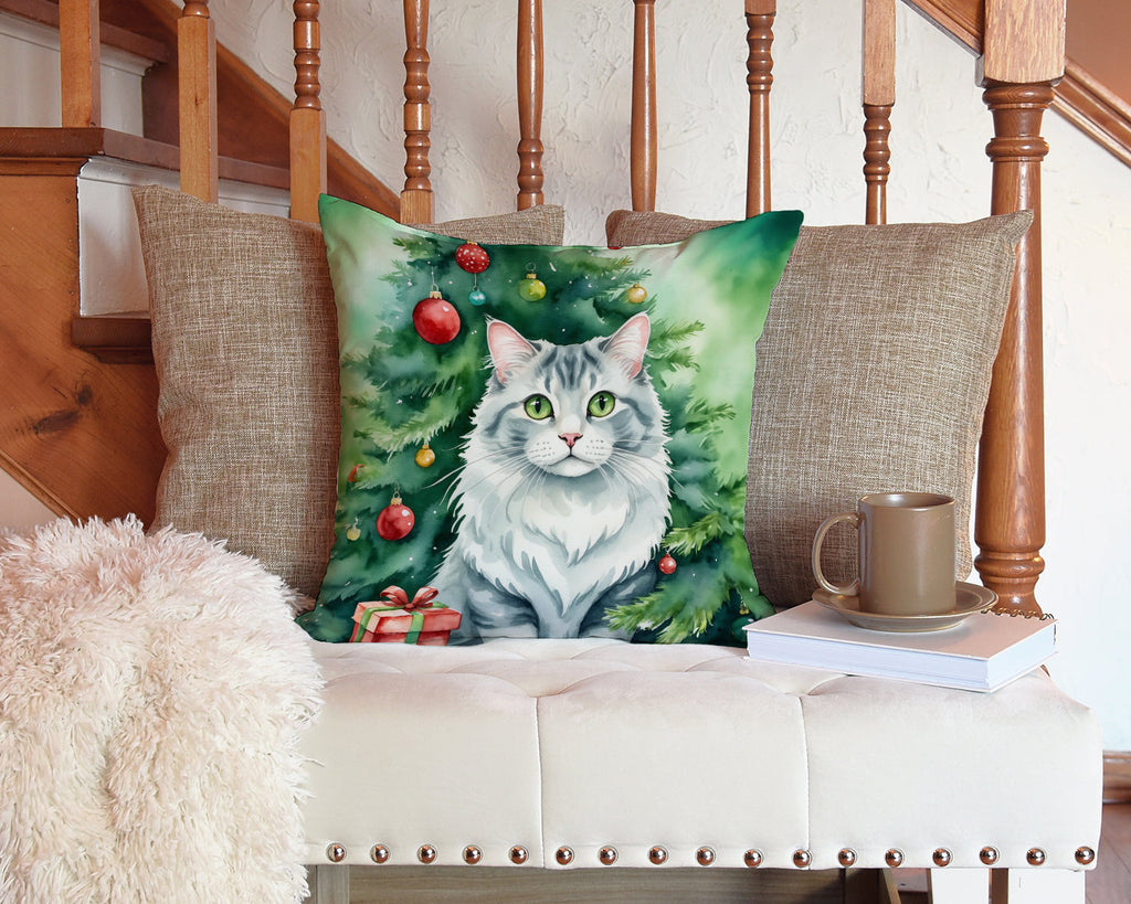 American Curl Cat By the Christmas Tree Decorative Throw Pillow 14x14 Indoor Outdoor Accent Cushion, Fabric Cover with Insert for Sofa, Bed, Porch & Living Room