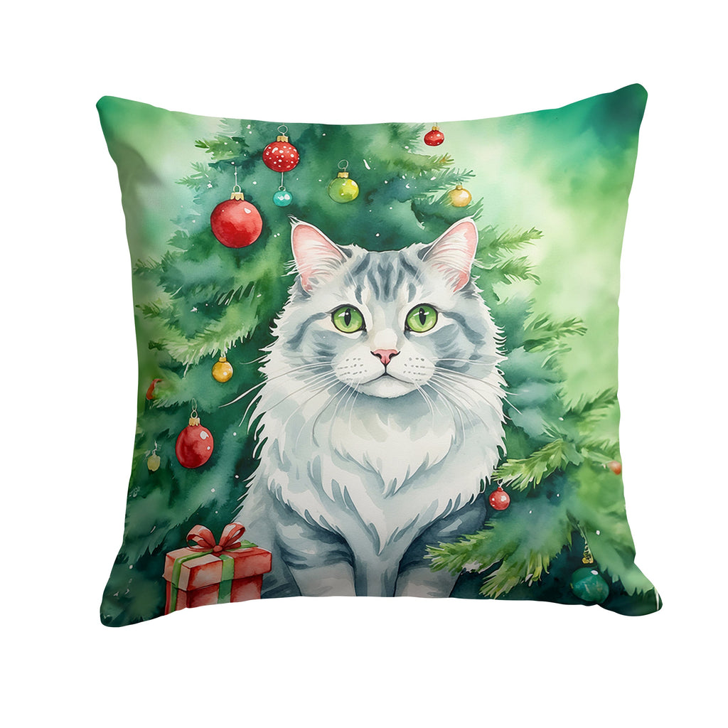American Curl Cat By the Christmas Tree Decorative Throw Pillow 14x14 Indoor Outdoor Accent Cushion, Fabric Cover with Insert for Sofa, Bed, Porch & Living Room