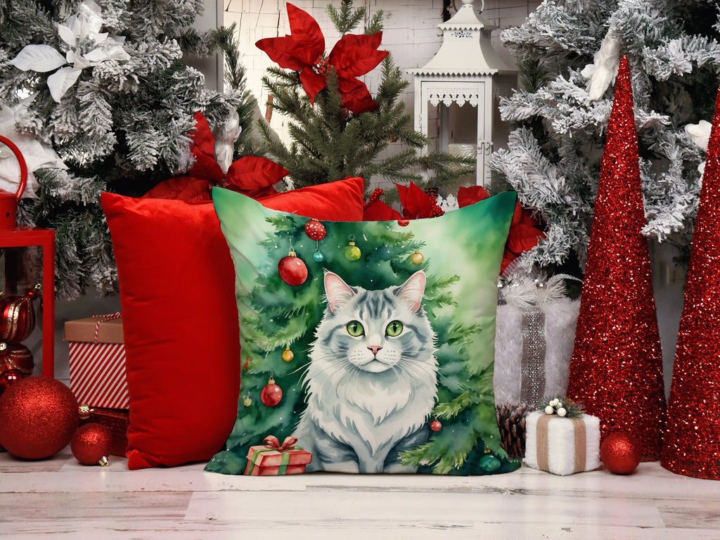 American Curl Cat By the Christmas Tree Decorative Throw Pillow 18x18 Indoor Outdoor Accent Cushion, Fabric Cover with Insert for Sofa, Bed, Porch & Living Room