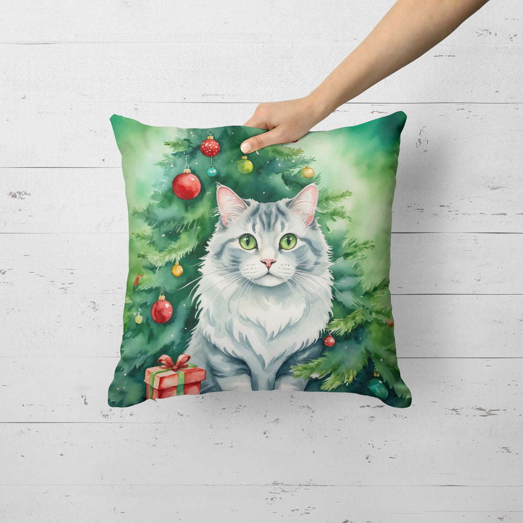 American Curl Cat By the Christmas Tree Decorative Throw Pillow 18x18 Indoor Outdoor Accent Cushion, Fabric Cover with Insert for Sofa, Bed, Porch & Living Room