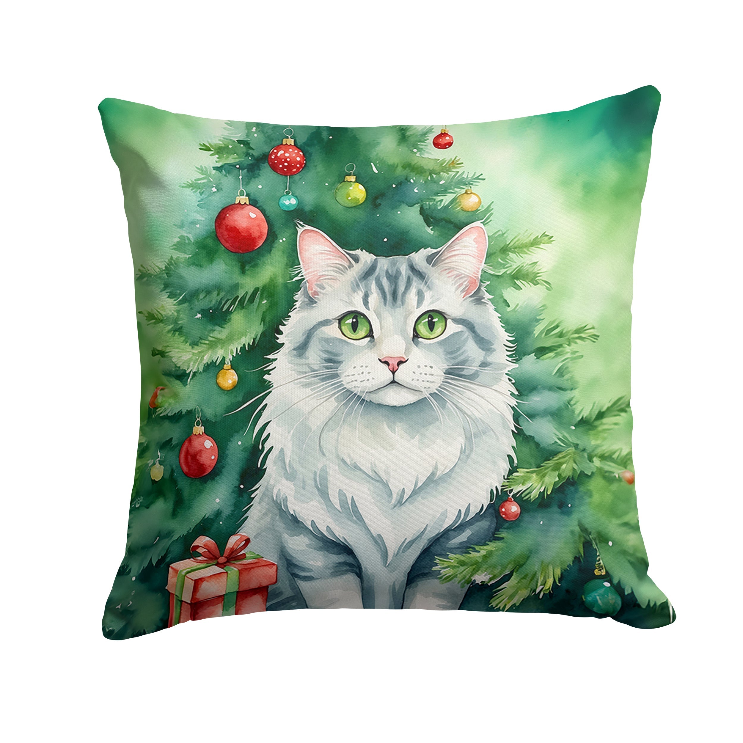 American Curl Cat By the Christmas Tree Decorative Throw Pillow 18x18 Indoor Outdoor Accent Cushion, Fabric Cover with Insert for Sofa, Bed, Porch & Living Room