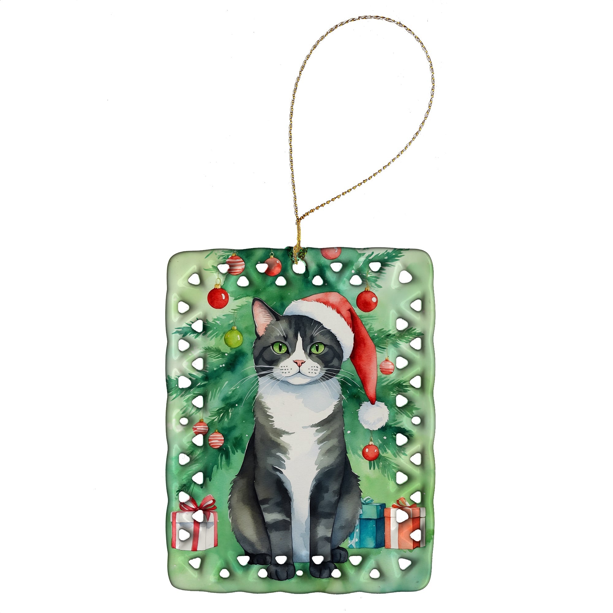American Polydactyl Cat By the Christmas Tree Porcelain Ornament Christmas Tree Hanging Decorations for Home Christmas Holiday, Rectangle, Gift, Multicolor