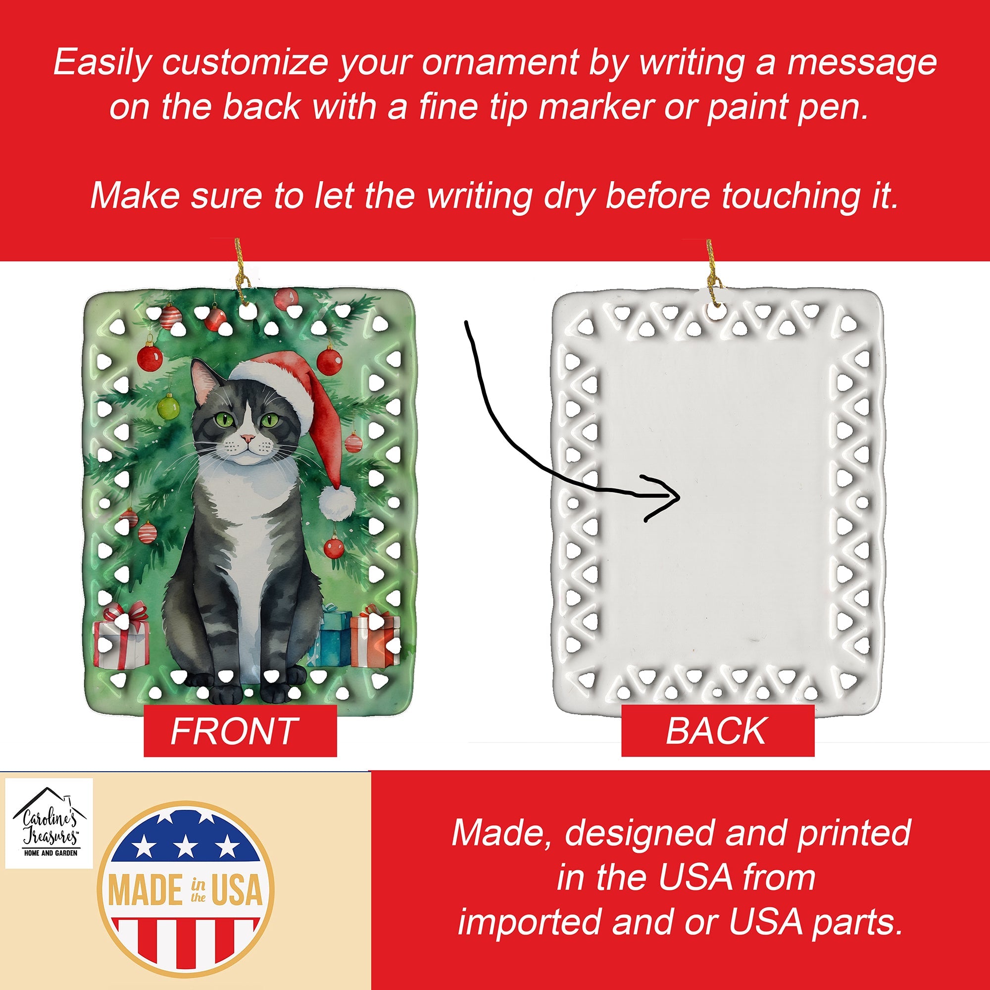 American Polydactyl Cat By the Christmas Tree Porcelain Ornament Christmas Tree Hanging Decorations for Home Christmas Holiday, Rectangle, Gift, Multicolor