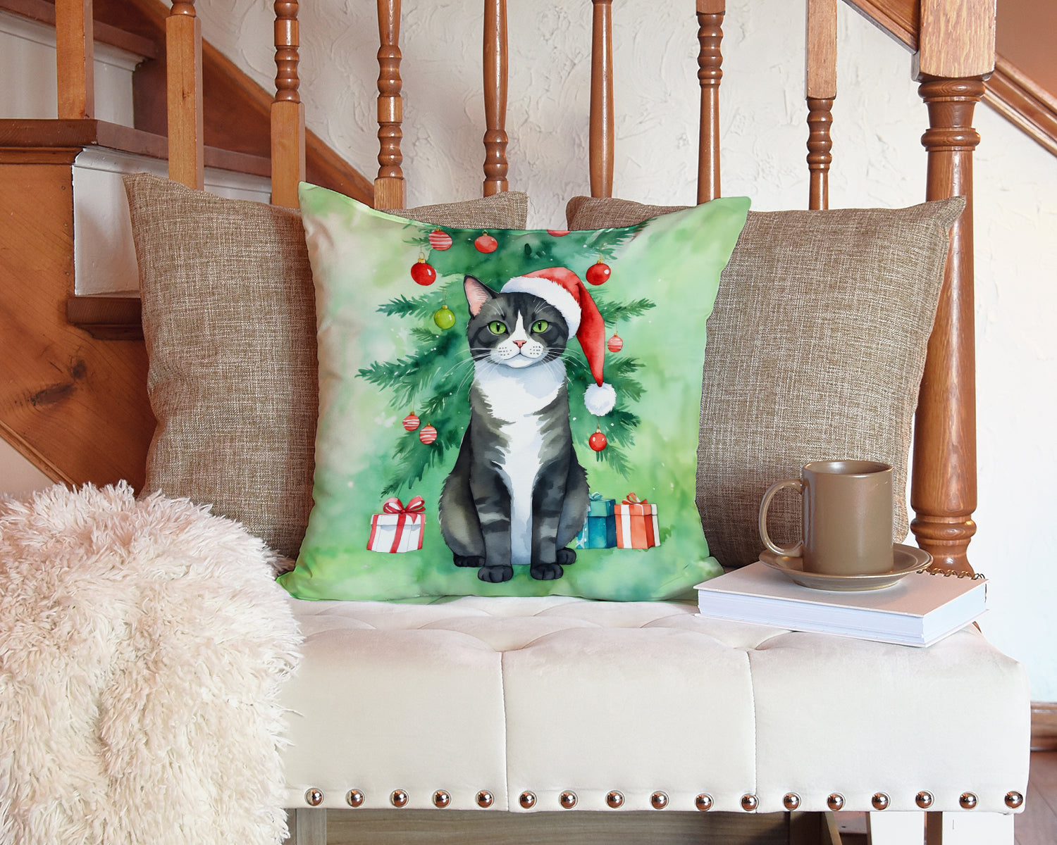 American Polydactyl Cat By the Christmas Tree Decorative Throw Pillow 14x14 Indoor Outdoor Accent Cushion, Fabric Cover with Insert for Sofa, Bed, Porch & Living Room