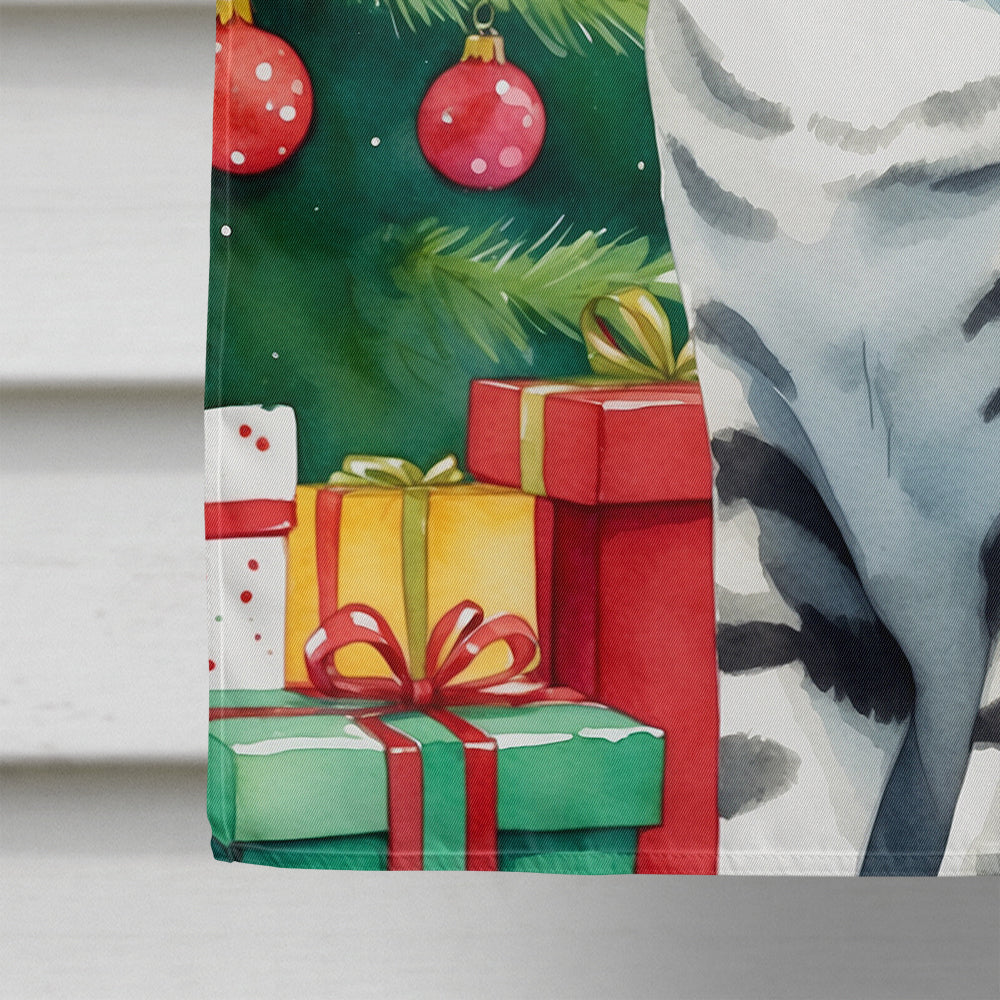 American Shorthair Cat By the Christmas Tree House Flag 28x40 Porch Sleeve Pole Decorative Outside Yard Banner Artwork Wall Hanging, Polyester