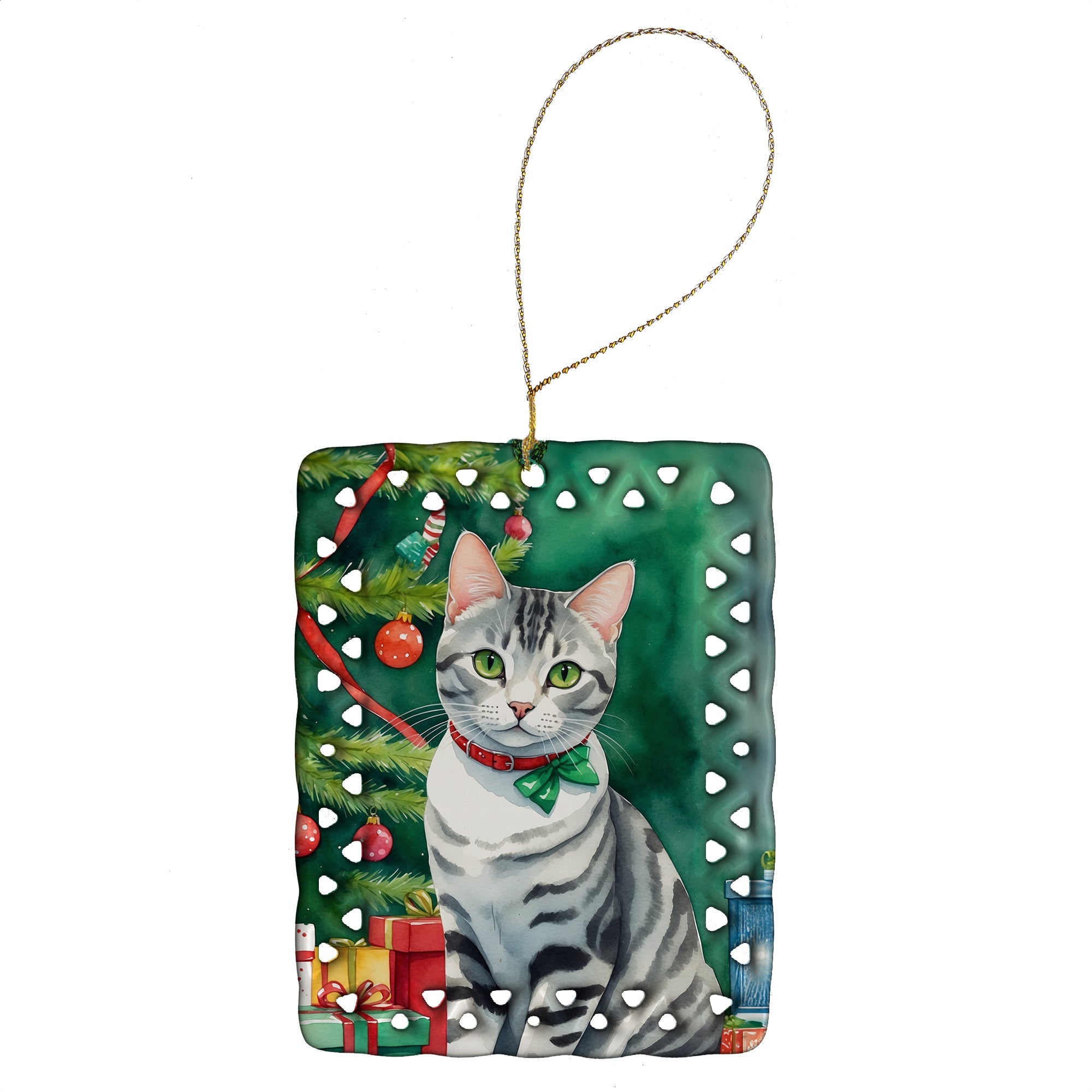 American Shorthair Cat By the Christmas Tree Porcelain Ornament Christmas Tree Hanging Decorations for Home Christmas Holiday, Rectangle, Gift, Multicolor