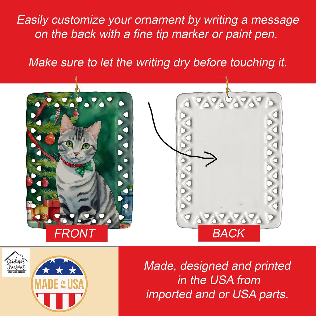 American Shorthair Cat By the Christmas Tree Porcelain Ornament Christmas Tree Hanging Decorations for Home Christmas Holiday, Rectangle, Gift, Multicolor