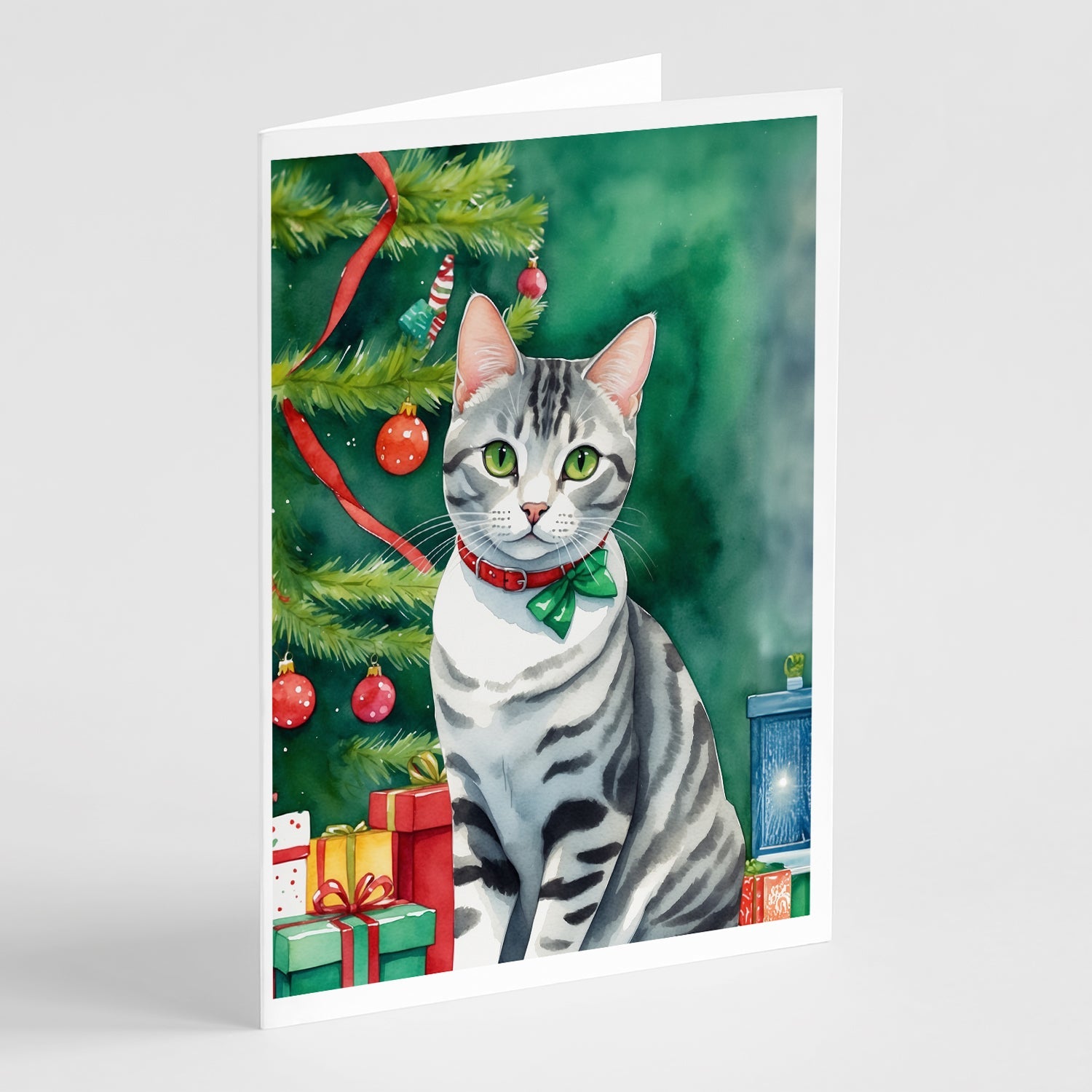American Shorthair Cat By the Christmas Tree Greeting Cards Pack of 8 Blank Cards with Envelopes Whimsical A7 Size 5x7