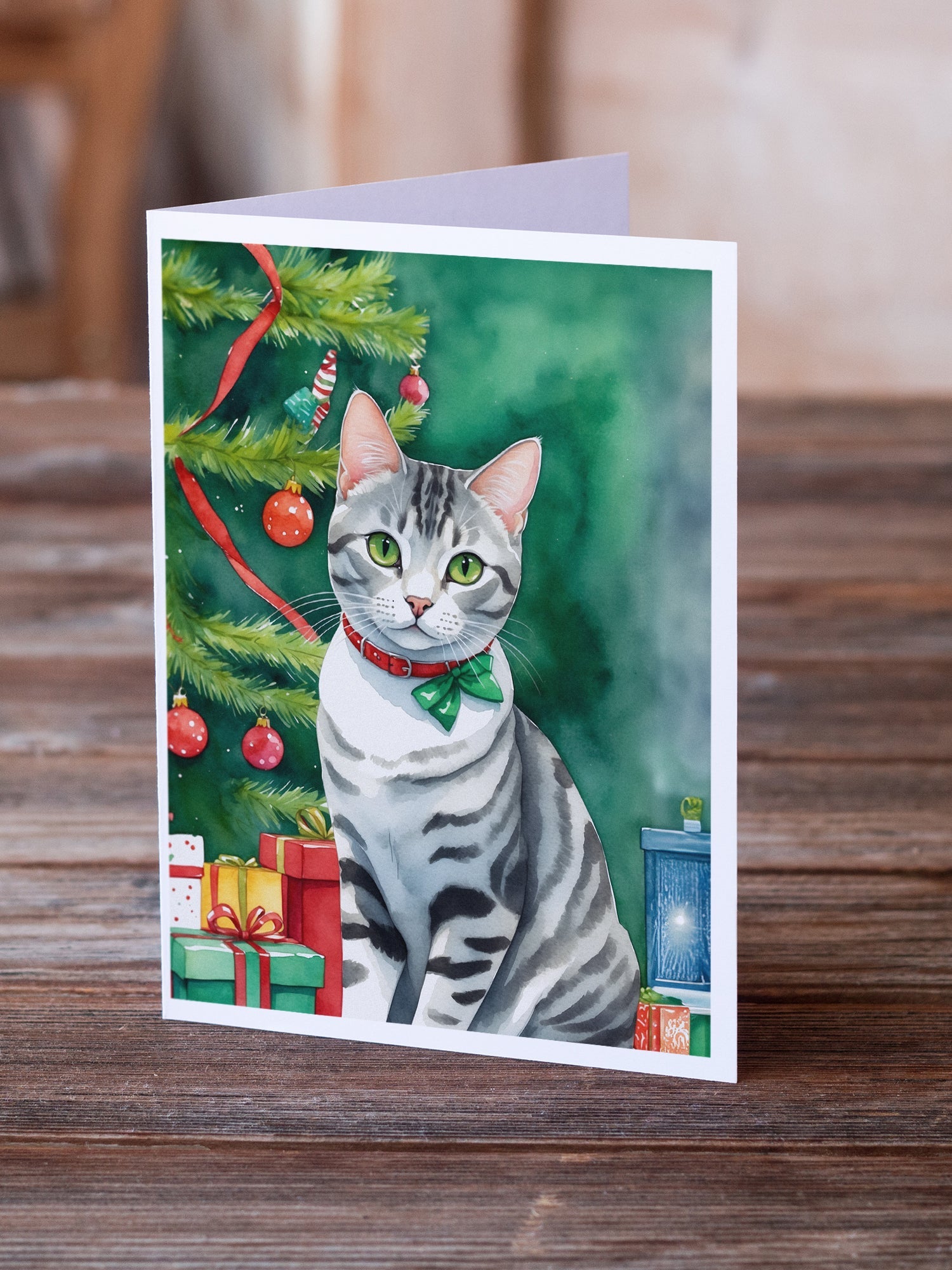American Shorthair Cat By the Christmas Tree Greeting Cards Pack of 8 Blank Cards with Envelopes Whimsical A7 Size 5x7
