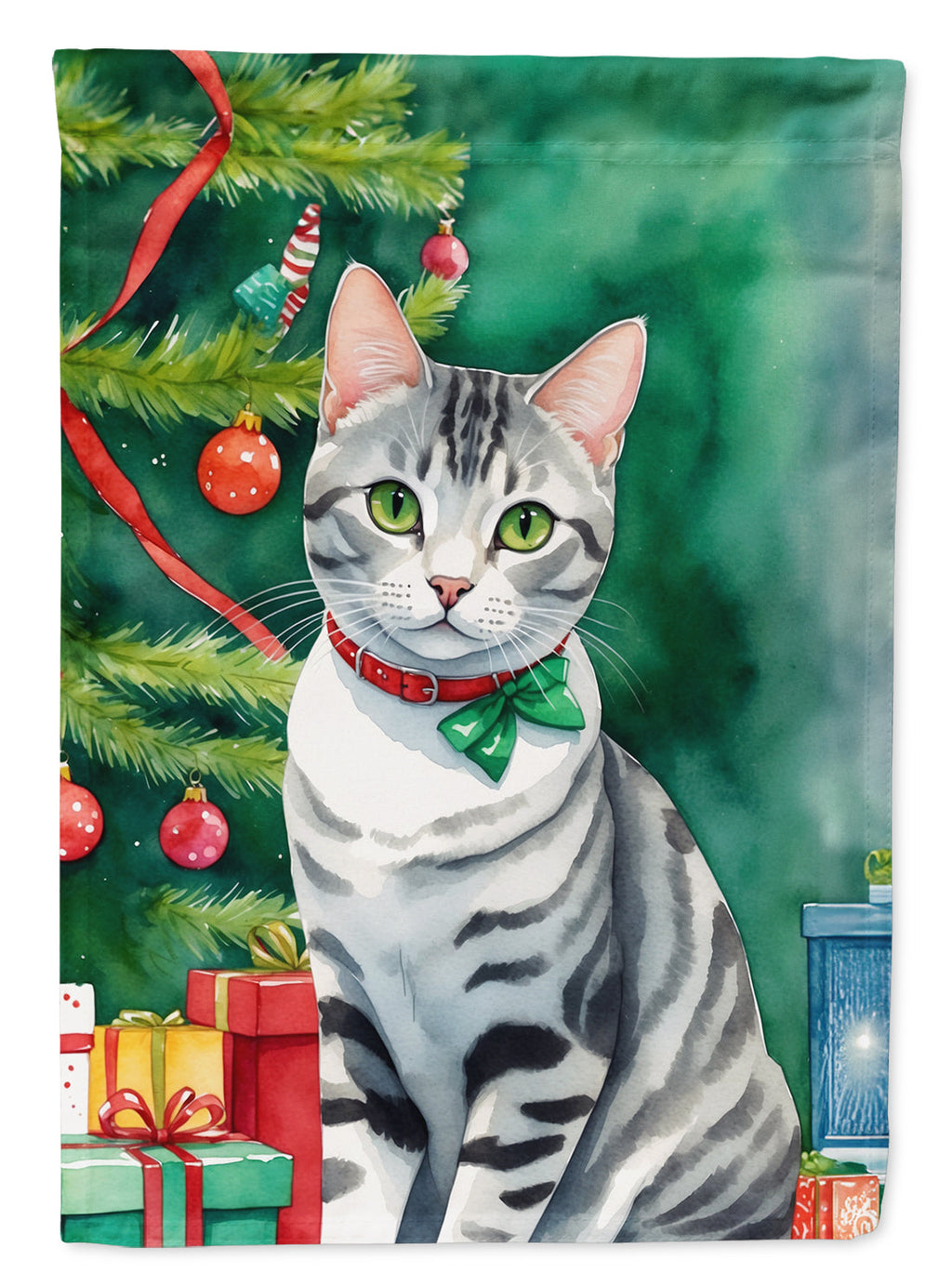 American Shorthair Cat By the Christmas Tree Garden Flag Mailbox Decorative Yard Banner Outside Patio Artwork for Flower Beds, Garden Size, Multicolor