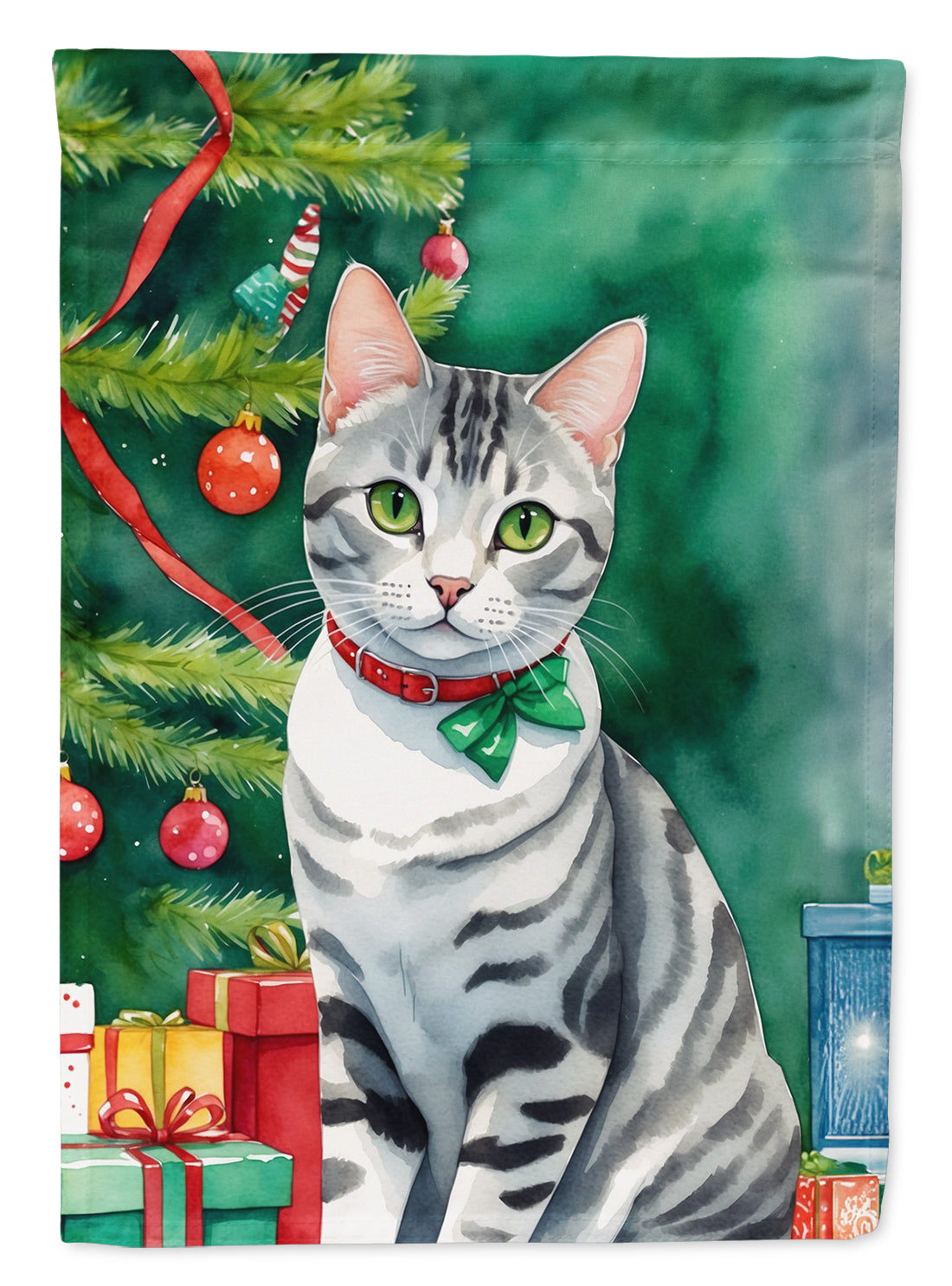 American Shorthair Cat By the Christmas Tree Garden Flag Mailbox Decorative Yard Banner Outside Patio Artwork for Flower Beds, Garden Size, Multicolor