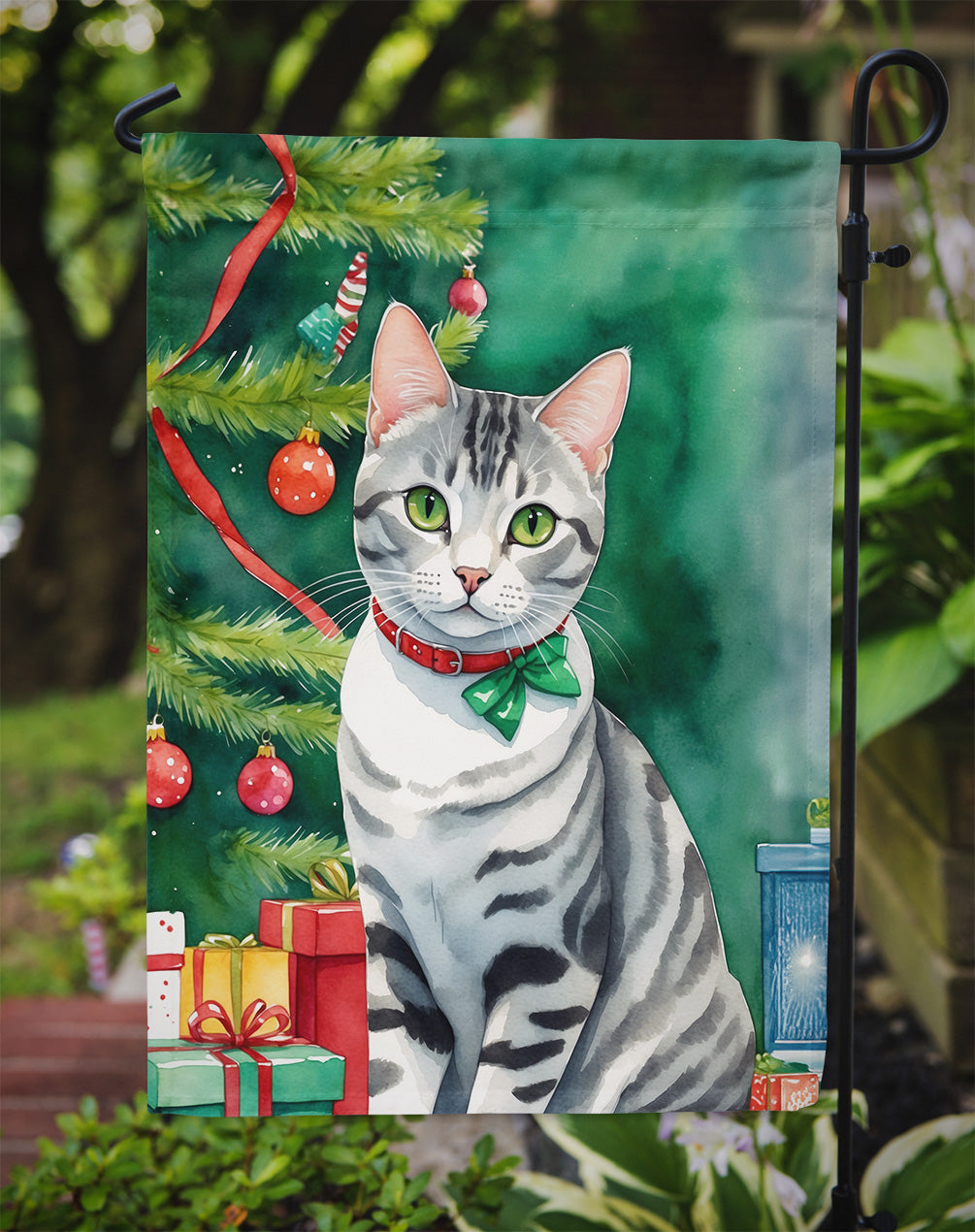 American Shorthair Cat By the Christmas Tree Garden Flag Mailbox Decorative Yard Banner Outside Patio Artwork for Flower Beds, Garden Size, Multicolor