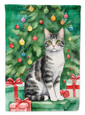 American Wirehair Cat By the Christmas Tree House Flag 28x40 Porch Sleeve Pole Decorative Outside Yard Banner Artwork Wall Hanging, Polyester