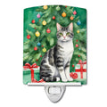 American Wirehair Cat By the Christmas Tree Ceramic Night Light Compact, UL-Certified, Ideal for Bedroom, Bathroom, Nursery, Hallway, Kitchen, 6x4x3, Multicolor