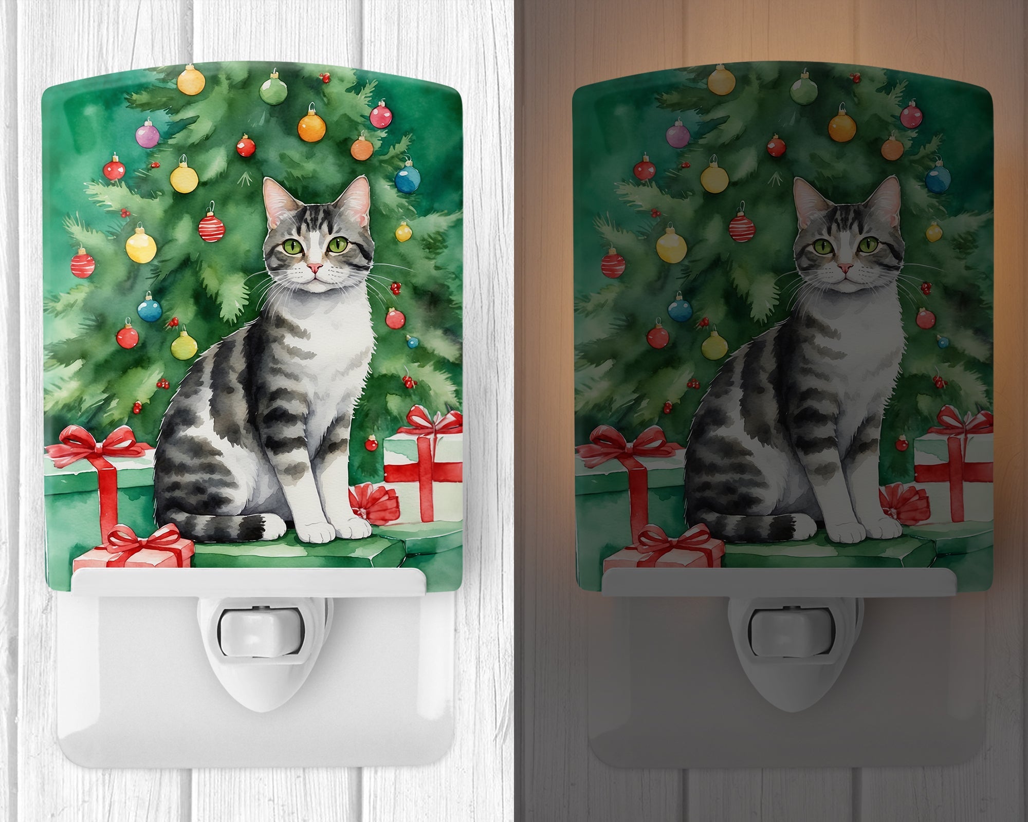 American Wirehair Cat By the Christmas Tree Ceramic Night Light Compact, UL-Certified, Ideal for Bedroom, Bathroom, Nursery, Hallway, Kitchen, 6x4x3, Multicolor